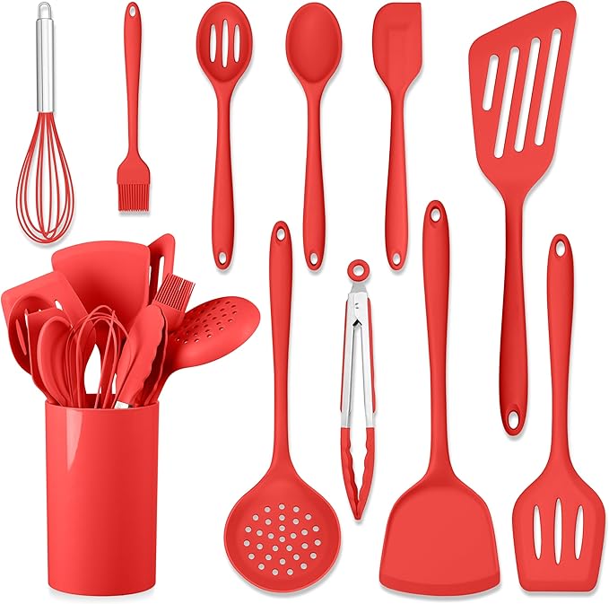 HaWare 11 PCS Silicone Cooking Utensils Set, Heat Resistant Kitchen Utensils with Holder, Food-grade Spatula Sets for Nonstick Cookware, Kitchen Tools Gadgets Include Fish Turner, Spoon (Red)