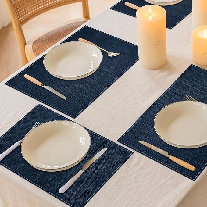 Niviy Dark Blue Placemats Set of 4, 12x18 Inch Washable Easy to Clean Heat-Resistant Anti-Skid Navy Blue Placemats for Holiday Party Kitchen Dining Room Decoration