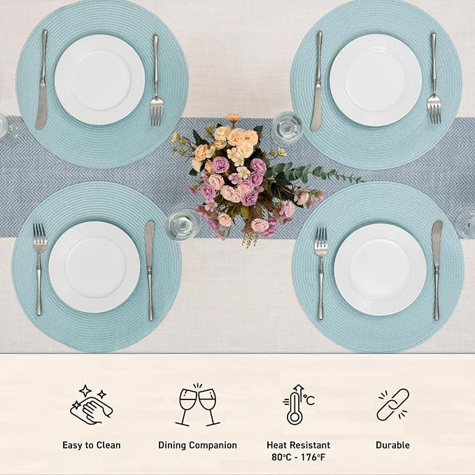 Winknowl 15 Inch Round Braided Placemats Set of 6, Washable Cotton Polyester Table Mats, Heat Resistant Non-Slip Place Mats for Kitchen Dining Table Decor (Light Blue,6pcs)
