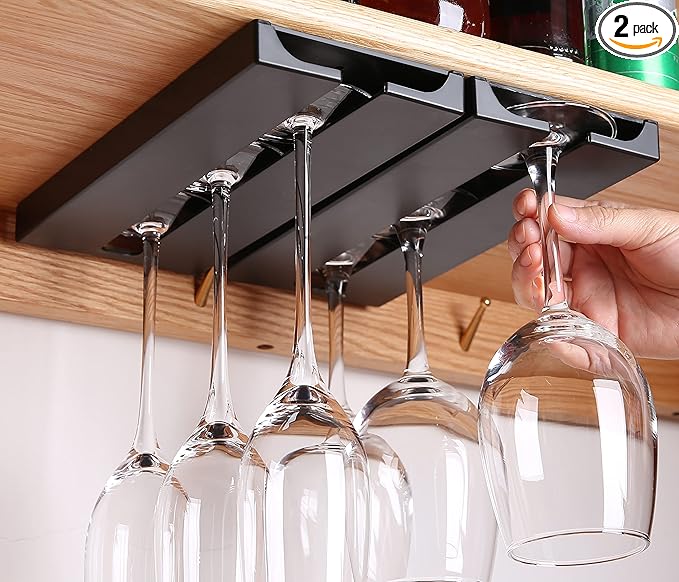 runruii Wine Glass Holder Under Shelf Cabinet Wine Glass Rack Plastic Stemware Rack Glassware Drying Storage Hanger for Kitchen,Bar and Restaurant (Black-2Pack)