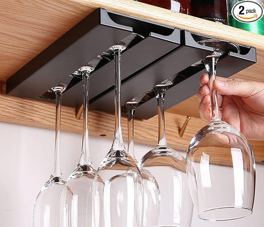 runruii Wine Glass Holder Under Shelf Cabinet Wine Glass Rack Plastic Stemware Rack Glassware Drying Storage Hanger for Kitchen,Bar and Restaurant (Black-2Pack)
