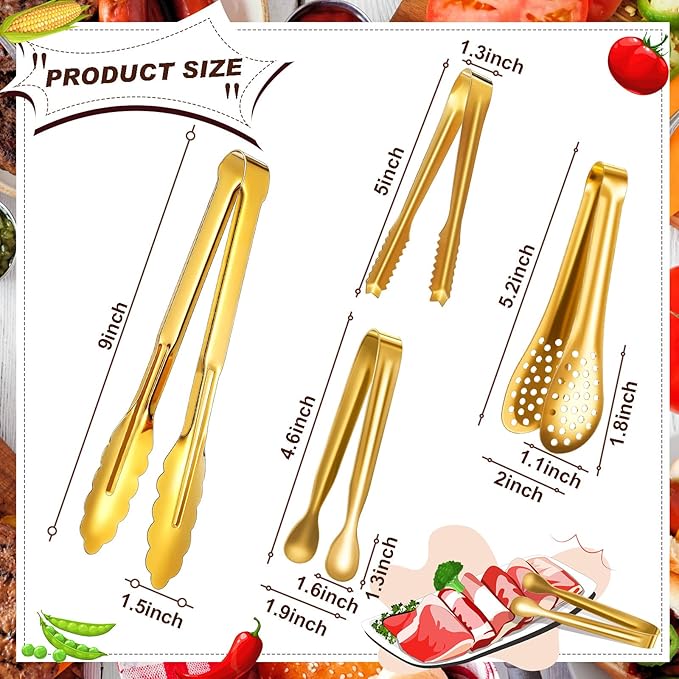 Sawysine 12 Pieces Tongs for Serving Utensils Mini Serving Tong Stainless Steel Appetizer Kitchen Toy Sugar Ice Food Cooking Utensils for Salad Buffet Party, 5 Inch, 9 Inch(Gold)