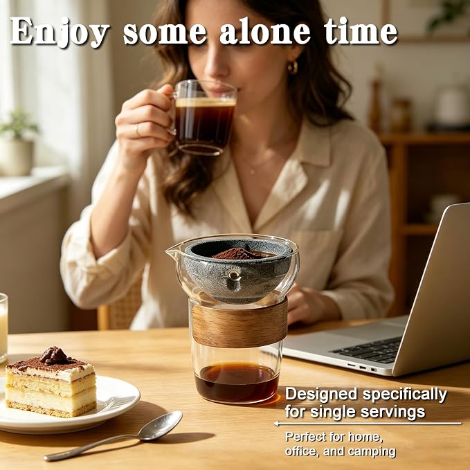 Glass Pour Over Coffee Maker Set, Ceramic Drip, No Paper Filters Needed | Reusable 50-Micron Ceramic Filter, Beginner-Friendly, Retain Coffee Oil, 360° Rotation, Portable 250ml Serve, Office, Camping
