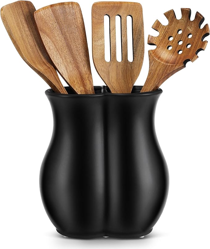 2026 Upgraded Vintage Kitchen Utensil Holder - Ceramic Utensil Crock Dual Compartment Curved, Modern Countertop Organizer for Farmhouse/Rustic Kitchen Decor(Matte Black)