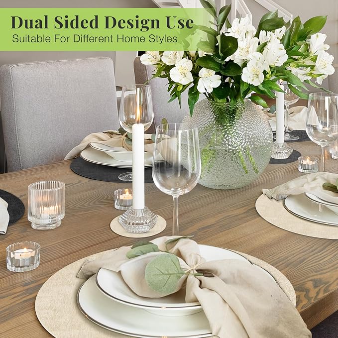 13-Inch Faux Leather Round Placemats Set of 6, Waterproof Anti-Slip Dual Sided Place mats, Heat Resistant Washable Table Mats with Coaster, Suitable for Indoor & Outdoor (6, Black Beige)