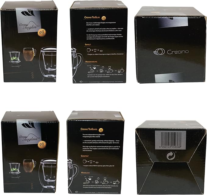 Creano Tea Glass with Infuser and Lid 400ml - Large Tea Cup - Microwave & Dishwasher Safe - Loose Leaf Tea Maker Gift Set