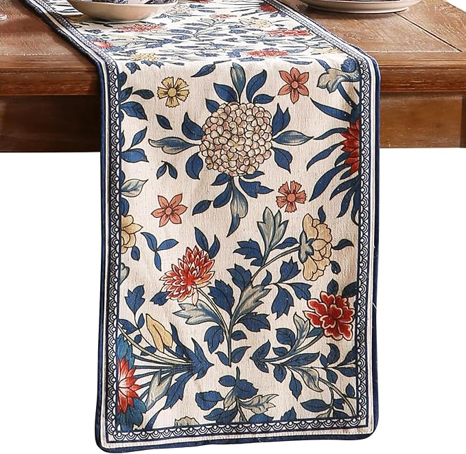 patdrea Designer Blue Cottage Rustic Floral Patterned Linen Table Runner 87 Inch Long,Wrinkle Resistant Table Mat,Decoration for Kitchen Dining and Coffee Tables Banquet Christmas , 12"x87"