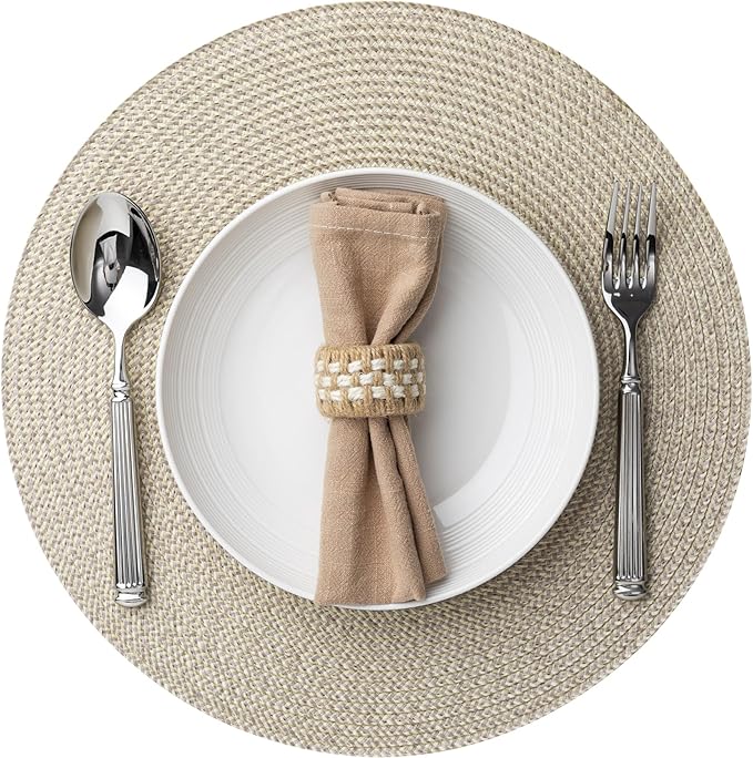 Baroyal Round Placemats Set of 6 Plastic Woven Placemats Washable Wipeable Table Mats for Dining Table Heat Resistant Non-Slip Circle Place Mats (Beige-Brown)
