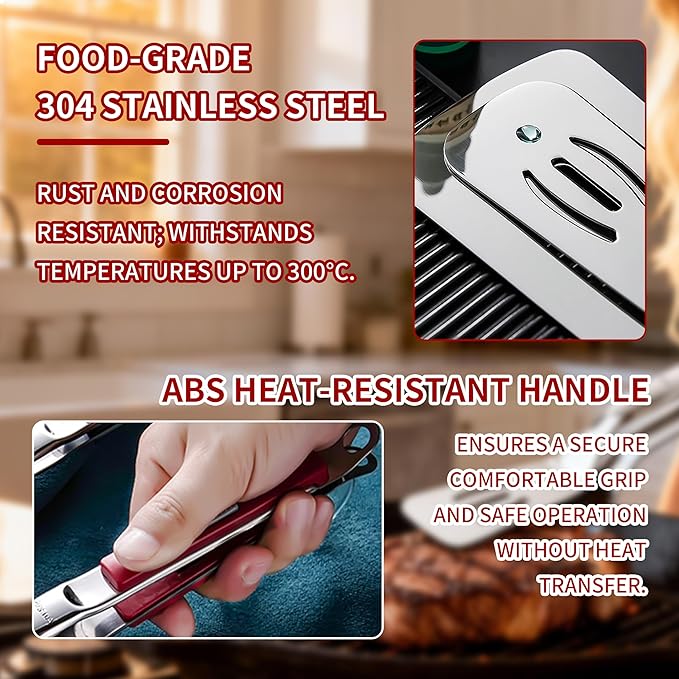 304 stainless steel kitchen tongs for cooking,2 pack set With a locking mechanism and an automatic release feature for Grilling, Cooking and Flipping