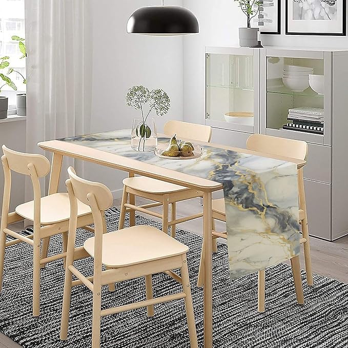Marble Table Runner, Abstract White Grey and Gold Modern Luxury Texture Printed Linen Table Runners for Living Room Kitchen Dining Room Party Holiday Home Decor 13" W x 60" L