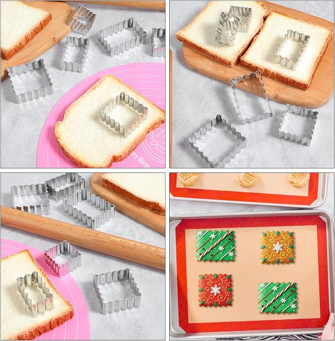 Rectangle Cookie Cutter Set with Scalloped Edge Assorted Sizes, 6 PCS Stainless Steel Square Cookie Cutter with Fluted Edge, Geometric Frame Plaque Cookies Cutters Shapes Molds