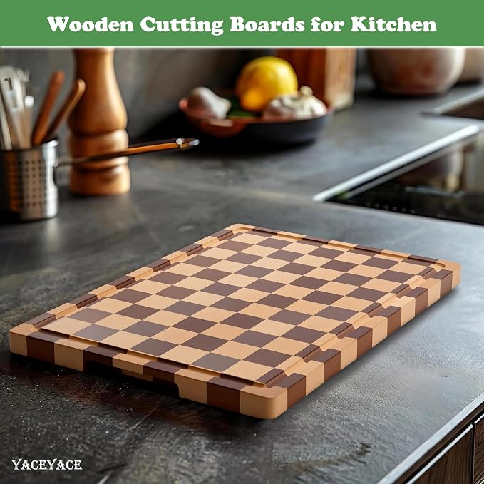 Wooden Cutting Boards for Kitchen, Large Size 16.5"x12" Acacia Wood Cutting, Thick Wood Checkered Chopping Boards for Home, Kitche, Foods