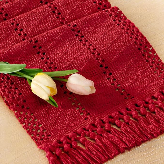 Socomi Boho Table Runner Summer Farmhouse Rustic Dining Kitchen Centerpiece Decor Small Macrame Woven Cotton Linen Coffee Table Runner for Dresser Scarf Home Decor 12x60 in Red