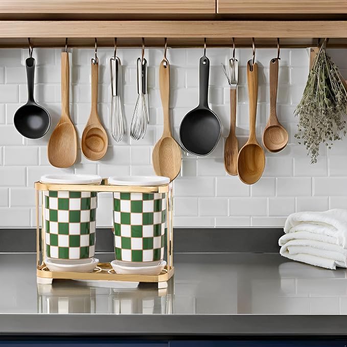 2 pcs Utensil Crocks，Checkered Utensil Holder, Ceramic Cooking Utensil With Layered Shelves，Spoon Spatula Holder for Countertop, Kitchen Decor and Accessories (Green)