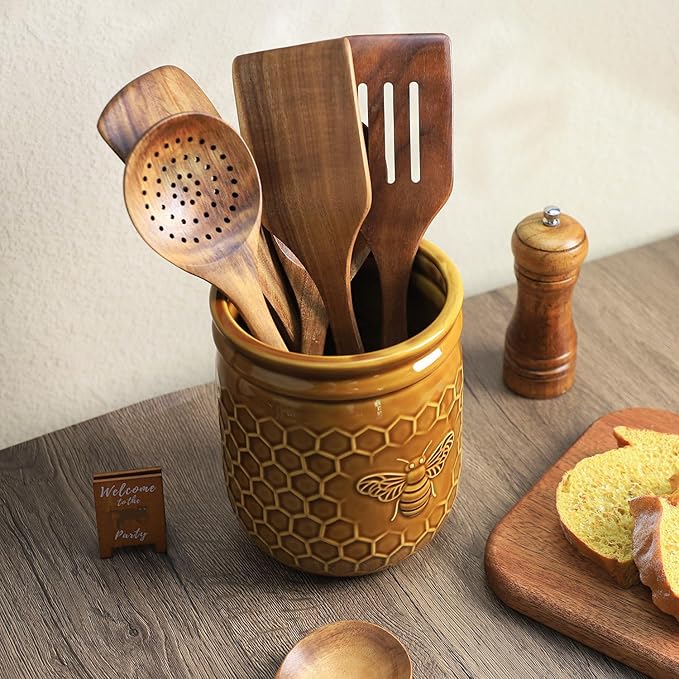 Retro Honeycomb and Bee Embossed Ceramic Kitchen Utensil Holder, Large Cooking Utensil Crocks for Kitchen Countertop, Ceramic Utensil Organizer for Spatula, Kitchen, Home Decoration