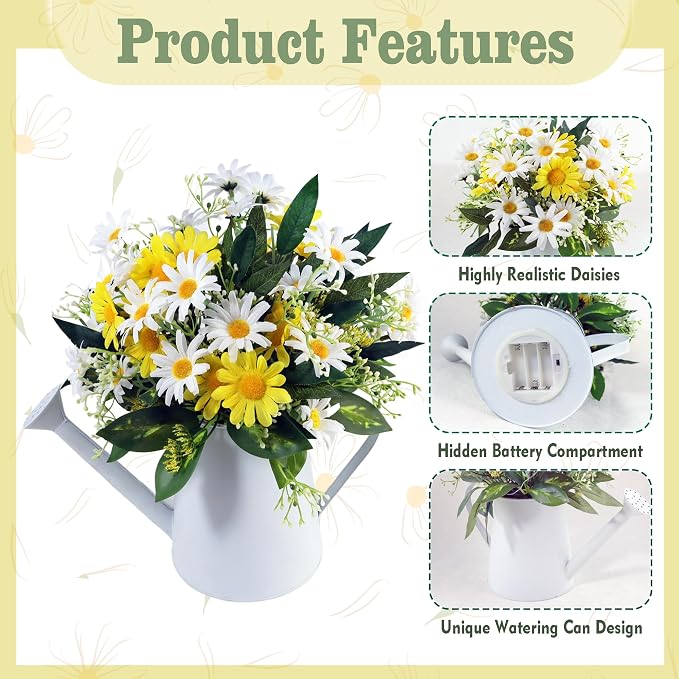 Eksen Artificial Daisy Flowers in Metal Pot with LED Lights & Timer – Silk Flower Arrangement, Faux Floral Table Centerpiece Decoration for Dining Room, Farmhouse, Home, Kitchen, Office,Spring Décor