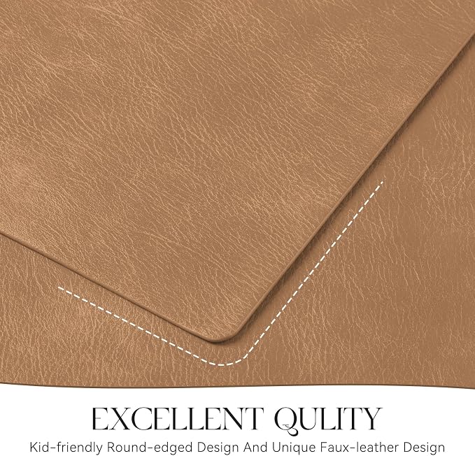 MOSAYT Vinyl Placemats Set of 4-12 X 17 Inch - Faux Leather 100% Waterproof Oil-Proof Wipeable PU Place Mats, Heat Resistant Reversible Table Mats for Kitchen, Dining, Outdoor, Camel
