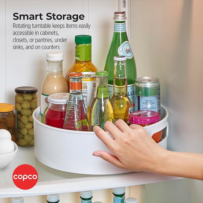 Copco 12 Inch Non-Skid Lazy Susan Turntable Organizer for Cabinet, Kitchen, Pantry, Bathroom - Smooth-Glide Rotating Storage with Raised Rim and Handles