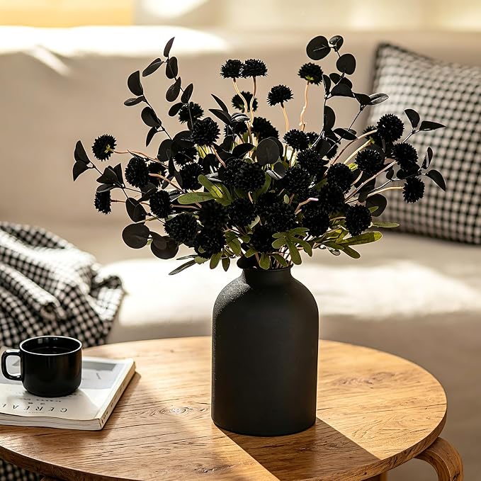 BLOSMON Black Flowers Artificial for Table: Metal Vase with 12 Stems of Fake Mums Eucalyptuses Centerpieces for Dining Room - Faux Silk Pom Poms Floral Arrangements Black Kitchen Home Decor Indoor