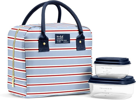 Fit & Fresh Bloomington Lunch Bag for Women - Insulated Large Lunch Box for Work with Containers, Leak-Resistant, Stain-Resistant, Zipper Closure, Rowing Stripe Blue