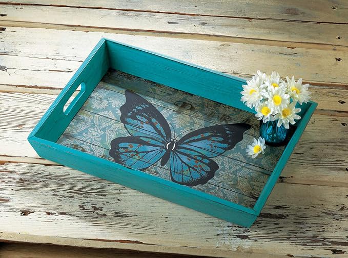 Zingz & Thingz Butterfly Garden Collection Wooden Serving Tray, Blue, 16x12.25x2