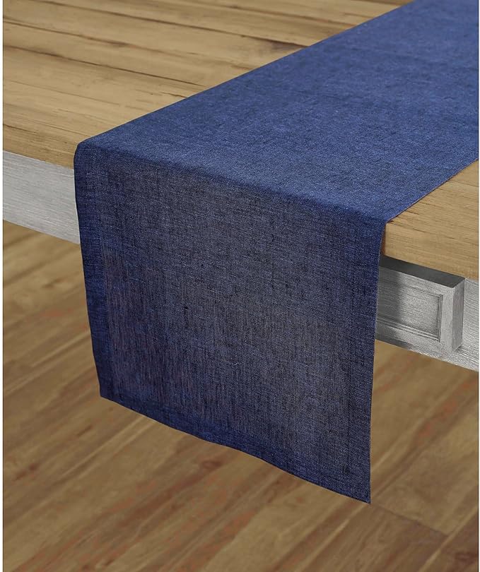 Solino Home Linen Chambray Navy Table Runner 132 Inches Long - Athena, 100% Pure Linen Dining Table Runner 14 x 132 Inch for Spring, Summer, 4th of July