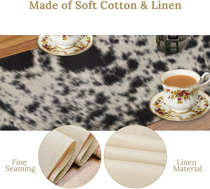 Cow Skin Print Table Runner, Western Cotton Linen Rustic Cottage Country Farm Animal Fur Skin Pattern Brown Cowhide Print Dinner Runner for Home Kitchen Dining Table Decoration 13x108 Inch