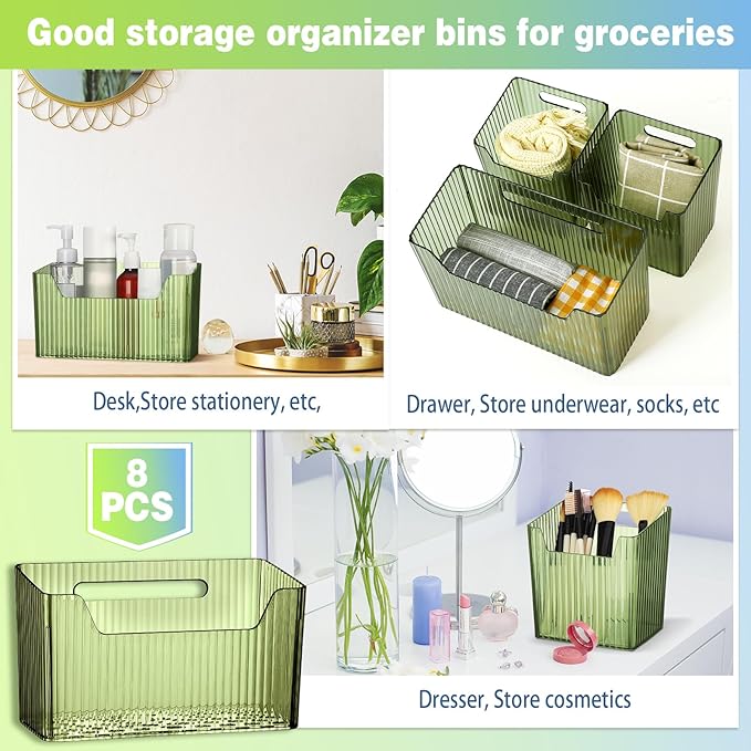 SiliFine 8 Pcs Storage Organizer Bins Wall Mounted Organizer Basket Plastic Cabinet Door Bins Stackable Hanging Baskets for Organizing for Wall Refrigerator Kitchen Bathroom Pantry(3.94'',Green)