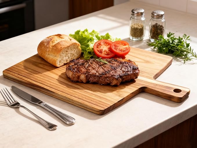 Large Acacia Wood Cutting Board with Handle 17''X13'', Charcuterie Board, Serving Board, Chopping Board for Meat, Cheese, Bread, Vegetables & Fruits (Square)