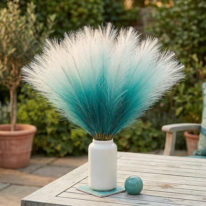 TORONTOKYO Light Blue Pampas Grass Decor, 50Pcs 21.6 inch Artificial Short Faux Pompas Grass, Boho Neutral Home Decor Bouquet for Floor Vase, Wedding, Party, Farmhouse, Bedroom Decor (Turquoise)