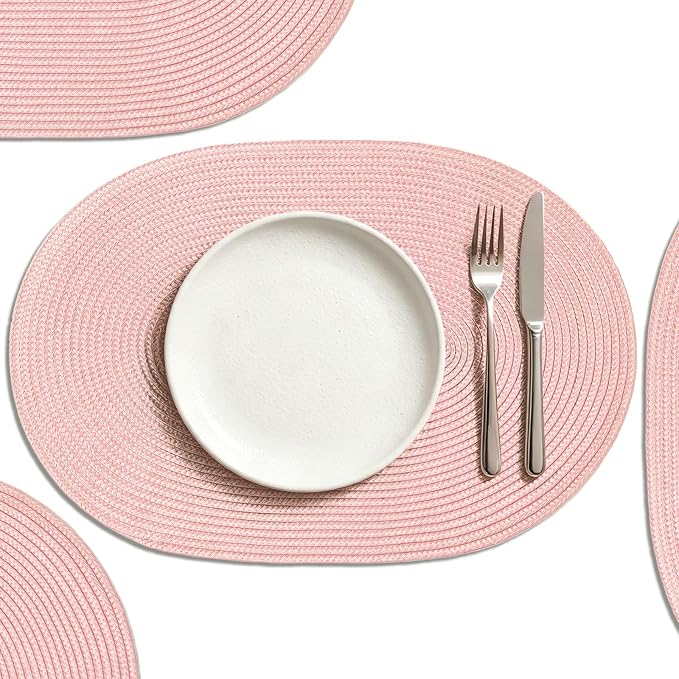 AHHFSMEI Placemats Set of 6 for Dining Table Washable Woven Non-Slip 18x12 inches Placemat Heat-Resistant Durable Table Mats for Dining Table Easy to Clean(Pink)
