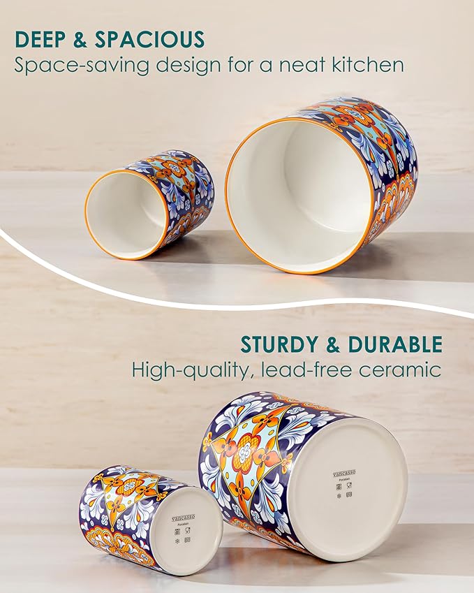 vancasso SIMI Utensil Holder, 7.3"+5.5" Porcelain Kitchen Utensil Holder for Countertop, Bohemian Kitchen Utensil Organizer for Spatulas, Spoons, Decorative Counter Utensil Crock, Amber Elegance