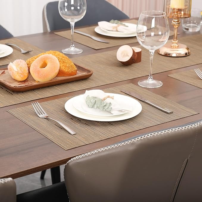Myir JUN Placemats Set of 10, Vinyl Woven Placemats Place Mats Indoor Set of 10 Washable Table Mats Non-Slip Place mats for Dining Table (Light Brown)