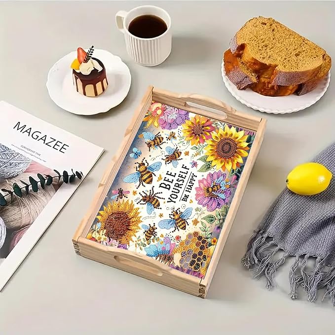 BAYUNOE DIY Diamond Serving Tray Rectangular Breakfast Tray with Handle Handmade Diamond Art Painting Wooden Tray Spring Creative Dinner Plate Coffee Room Living Home Organizer-Sunflower Bee