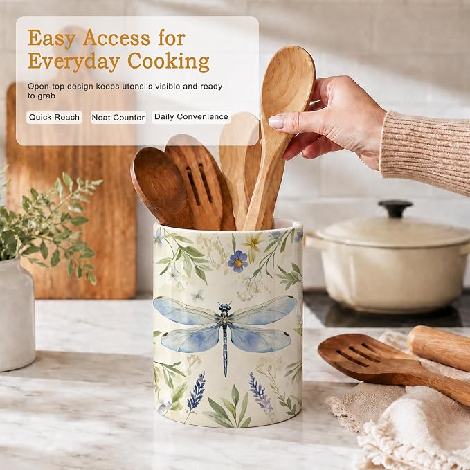 Dragonfly Utensil Holder for Countertop,Flower Plant Retro Ceramic Utensil Crock Organizer for Home Kitchen Spoons,Spatulas and Cooking Tools