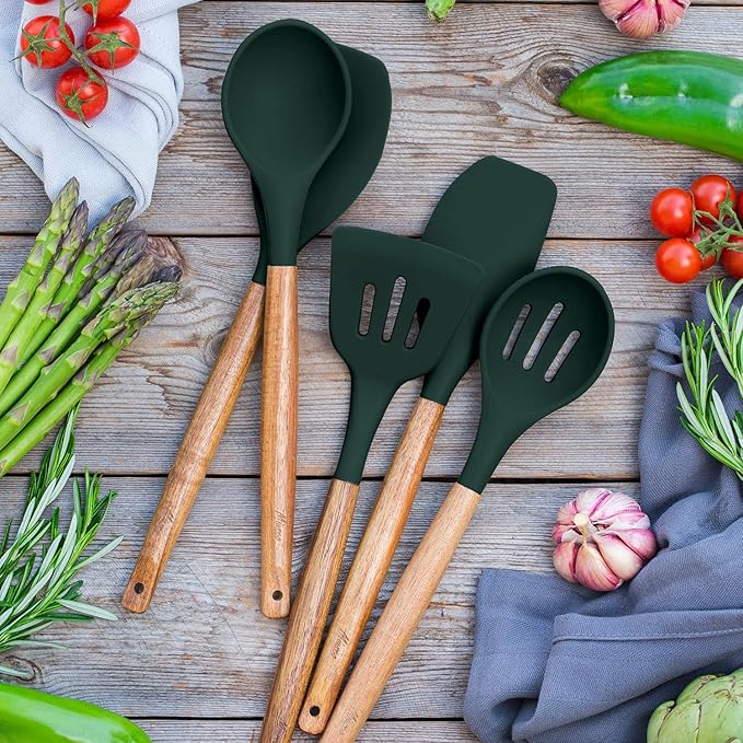Non-Stick Silicone Cooking Utensils Set with Natural Acacia Hard Wood Handle, 5 Piece, High Heat Resistant (Green)