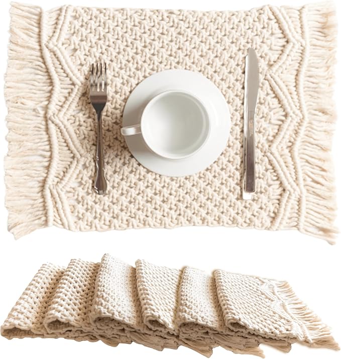 SnugLife Macrame Placemats Set of 6 - Handmade Cotton Woven Boho Placemats - Modern Farmhouse Fringe Placemats for Dining Table, Kitchen, Bohemian Wedding Décor, Rustic Natural Off White, 12”x20”