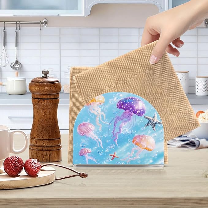 Napkin Holder Acrylic Napkin Holder for Table Kitchen Party Restaurant U Shaped Upright Napkin Dispenser Organizer Blue Jellyfishes Bubbles and Starfish