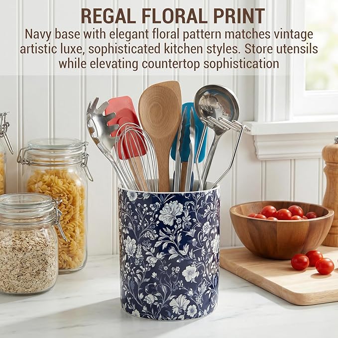 MyGift Ceramic Kitchen Utensil Holder with Blue and White Floral Design – Decorative Crock for Cooking Utensils, Flatware, and Countertop Storage