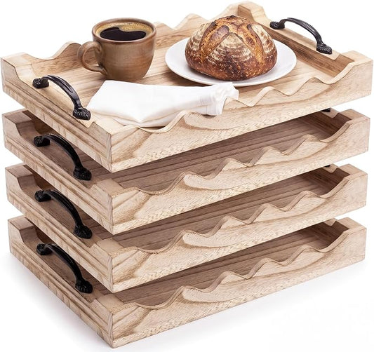 4 Pcs Rustic Wood Scalloped Serving Tray Wood Decorative Serving Tray with Handle Rustic Rectangular Platter 13 x 9.5 for Farmhouse Ottoman Breakfast Coffee Table Home Kitchen Decor(Burnt)