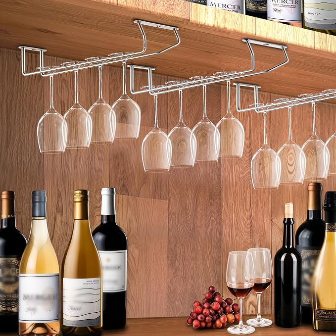 5-Pack Silver Stainless Steel Wine Glass Rack – 13.3” Under Cabinet Stemware Holder for Kitchen, Bar – Durable & Space-Saving Hanging Organizer