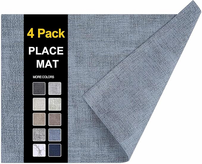homing Faux Leather Heat Resistant Placemats 4 Packs, Waterproof Wipeable Dining PU Place Mats for Indoor & Outdoor, Easy to Clean, Denim Blue