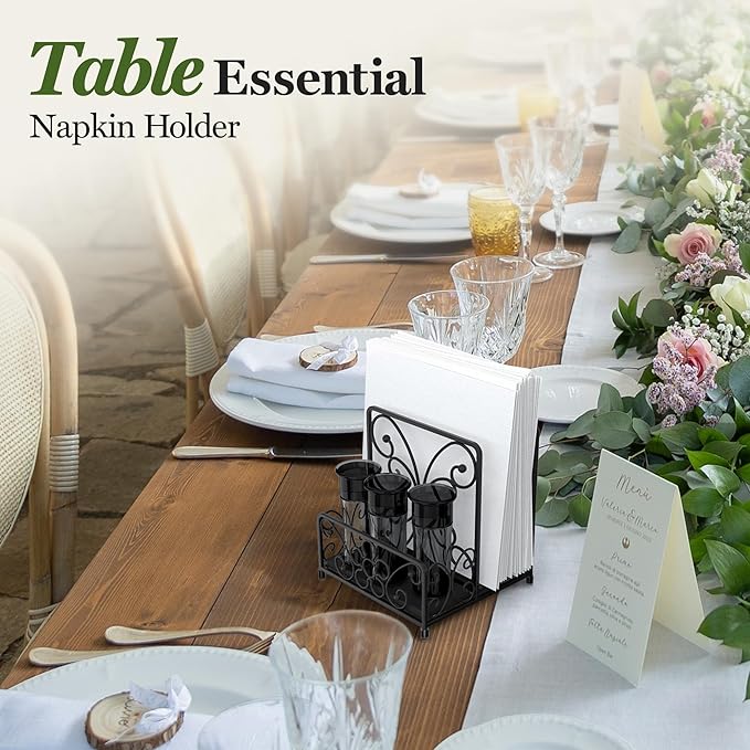 Napkin Holder – Metal Napkin Storage with Salt and Pepper Caddy (Shakers Not Included), Modern Napkin Dispenser for Table or Kitchen Countertop, Servilletero for Farmhouse Décor