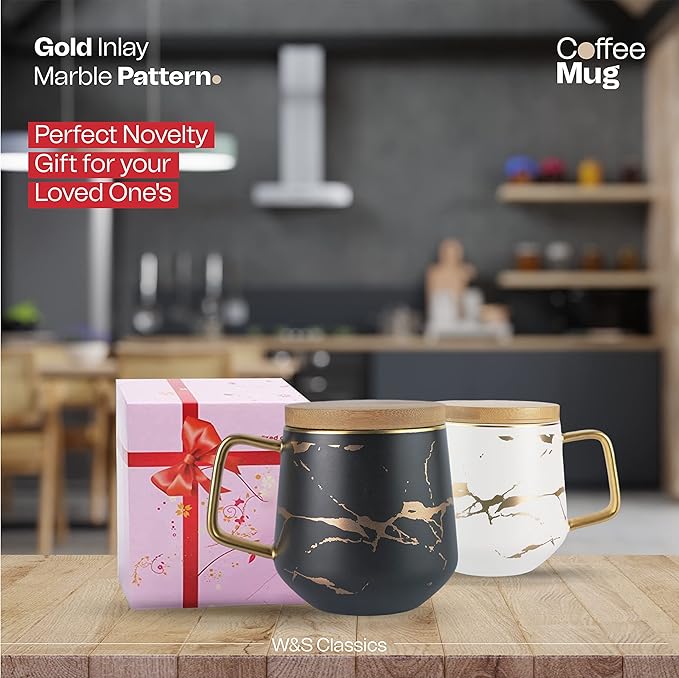 Classic Ceramic Kintsugi Style White Coffee Tea Mug with Gold Inlay, Spoon and Bamboo Lid- 12 OZ, Large Mugs for Men and Women, Unique Design, Perfect Novelty Gift- Dishwasher Safe