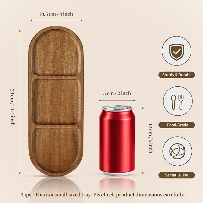 Small Wooden Tray | Acacia Wood Tray for Vanity, Bathroom Counter, Coffee Table & Toilet | Perfect for Jewelry, Key & Catch All | Mini Charcuterie Board Serving Platter (Oval 3-Compartment)