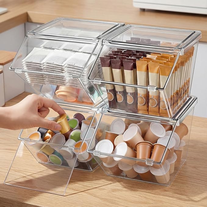 Yerliker 8 Pcs Clear Plastic Storage Bins with Lids Stackable Pantry Storage Organizer Kitchen Cabinet Organizers Ideal Containers for Coffee Pod Tea Sugar Bag Cabinet Home (Extra Large)