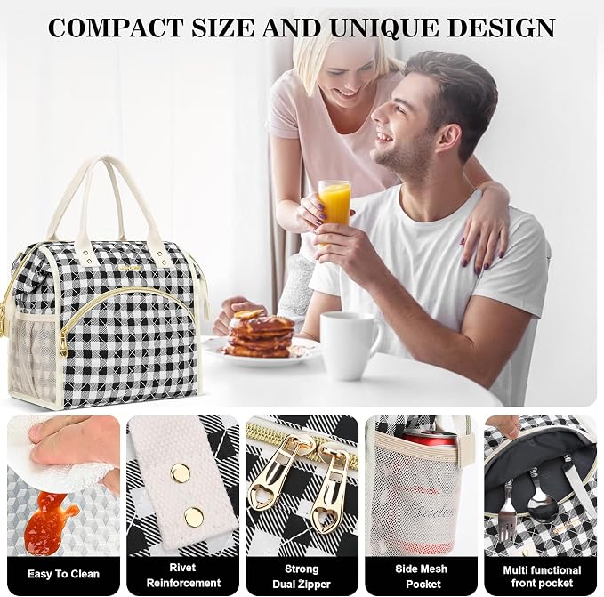 LOKASS Insulated Lunch Bag Women- Reusable 10 L Lunch Box for Women - Leakproof Tote Cooler Bag for Adults Work, Beach, Travel, Picnic （Black&White Diamond Grid）