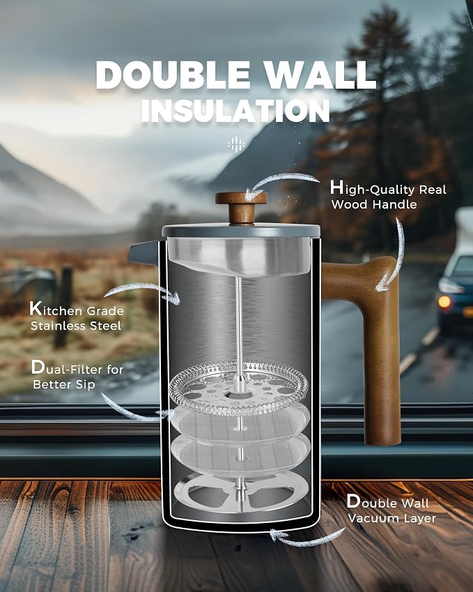 POLIVIAR French Press Coffee Maker, 34 oz Coffee Press with Real Wood Handle, Double Wall Insulation & Dual-Filter Screen, Food Grade Stainless Steel for Good Coffee and Tea (Alpline) | Real Wood Handle Coffee Press, Double Wall Insulation, Dual-Filter...