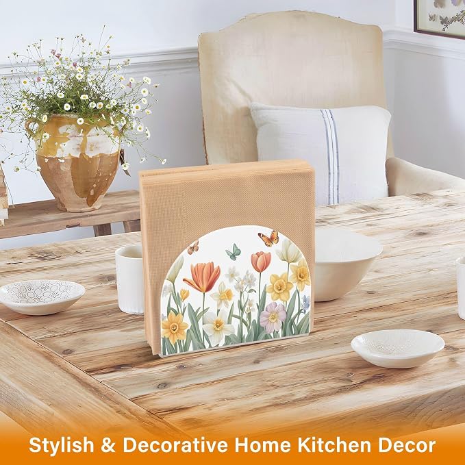 Tulips Daffodils Spring Flowers04 Napkin Holder for Tables Paper Cocktail Napkin Holders for Kitchen Dinning,Acrylic Dinner Napkin Dispenser for Restaurant Home Decor Bar Accessories 1 Pack