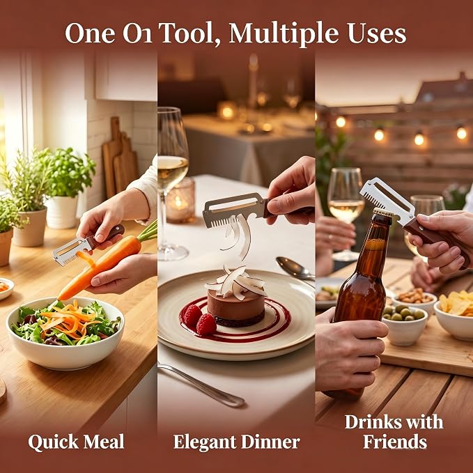 Multifunctional Vegetable Peeler - Vegetable Peeler with Bottle Opener, Stainless Steel Peeler with Wooden Handle, Fruit Peeler for Kitchen, Camping, Travel 2PC